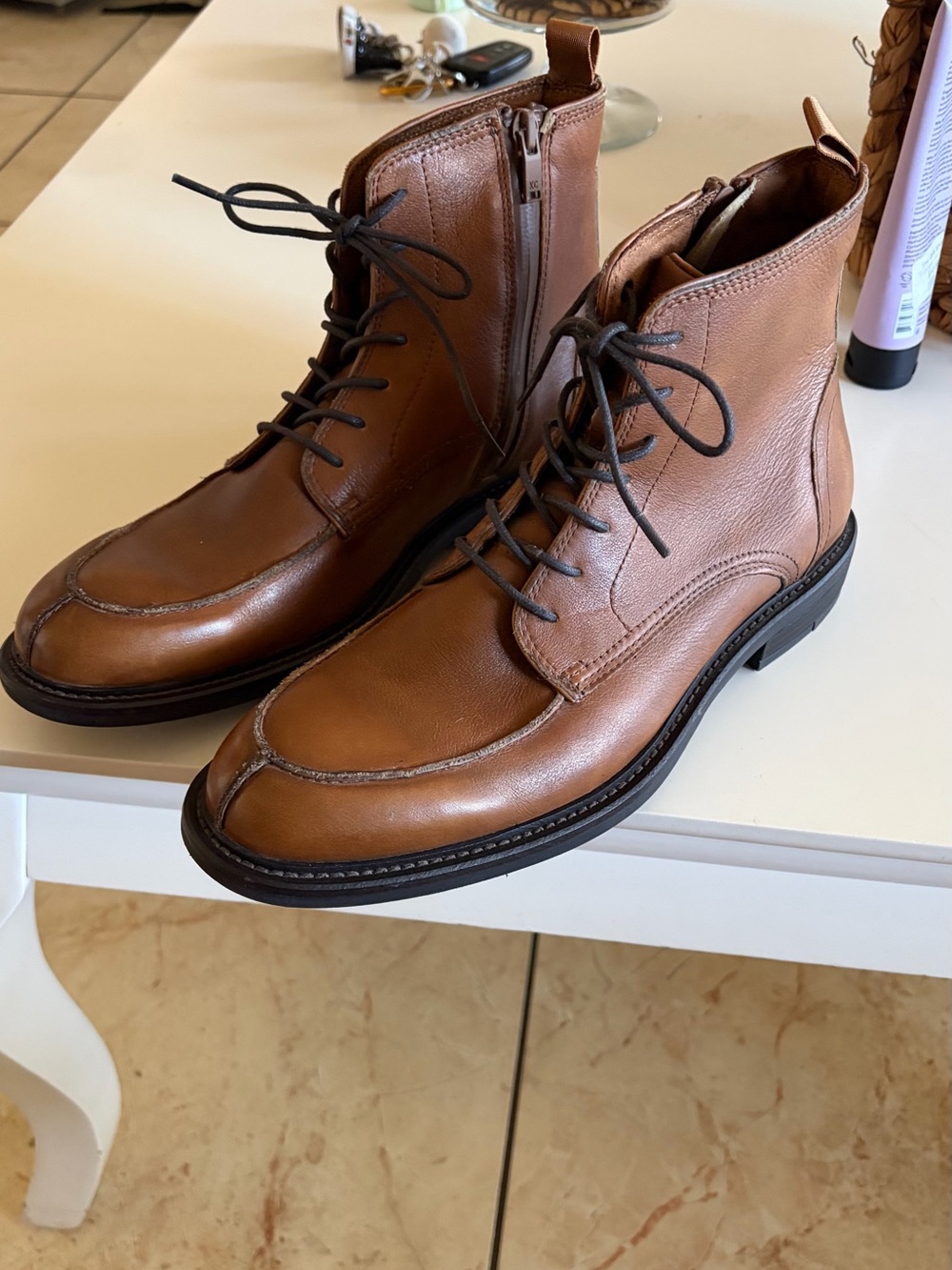 Kenneth Cole Tan Brown Leather Lace-Up Zip Ankle Boots